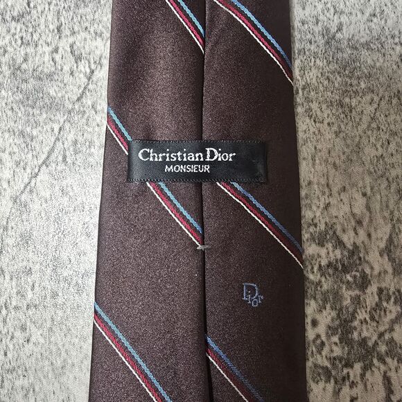 CHRISTIAN DIOR Vintage Brown Diagonal Stripe Print Silk Poly Blend Tie Y2K - Picture 7 of 8